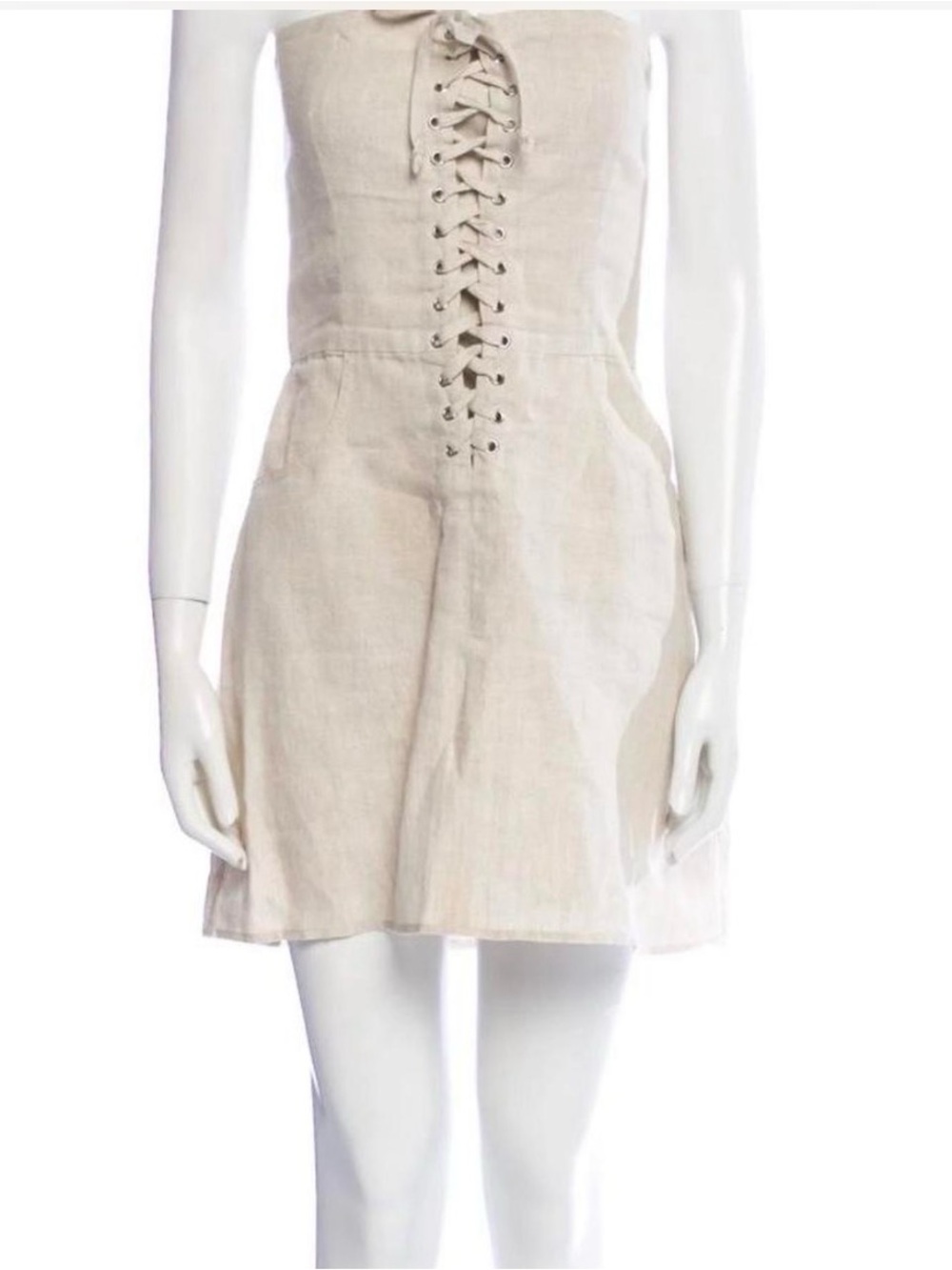 Reformation Cream Lace-Up Strapless Linen Mini